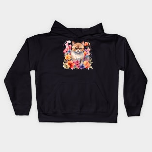 An exotic shorthair cat decorated with beautiful watercolor flowers Kids Hoodie